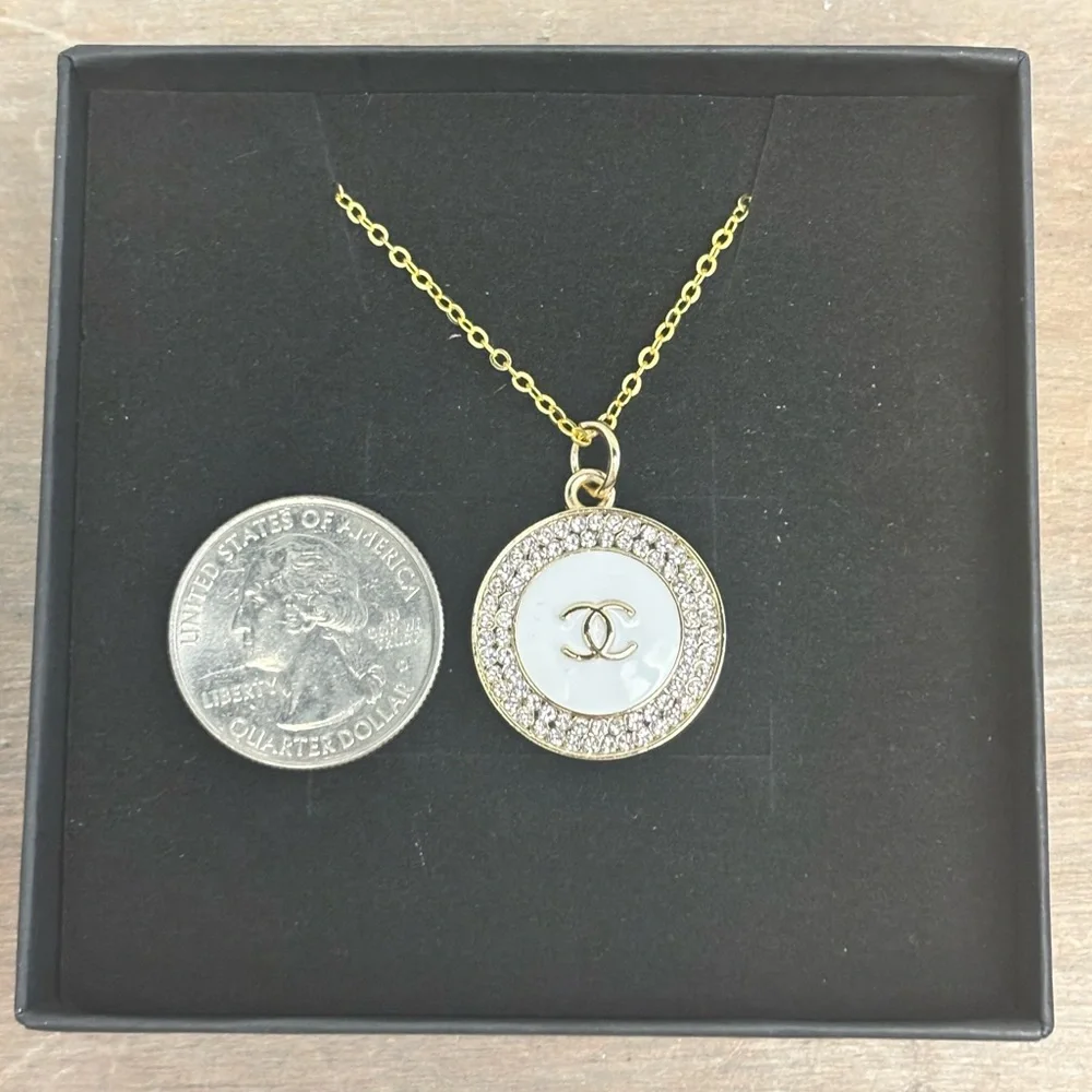 CC CHANEL Gold White Logo Crystal Charm Upcycled Necklace, 18 inches - Picture 4 of 4